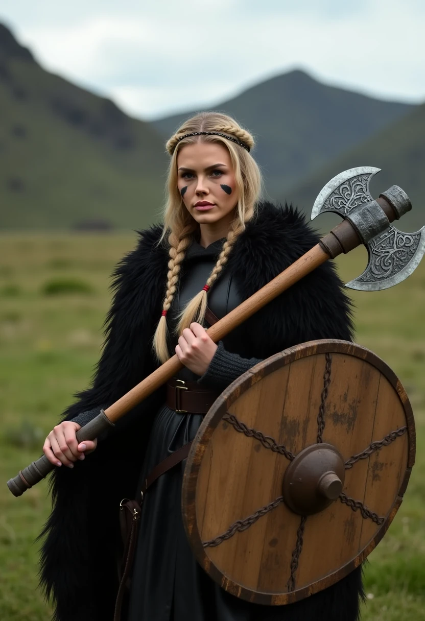 This is a high-resolution photograph depicting a young woman in a medieval or fantasy-inspired setting. She stands in a grassy field with a rugged, mountainous background, under an overcast sky. Her long, blonde hair is styled in two braids, adorned with a thin, black headband. Her expression is intense and focused, with piercing blue eyes. She wears a dark, feathered cloak that drapes over her shoulders, and her face is marked with black war paint, giving her a fierce, warrior-like appearance. In her right hand, she holds a large, double-headed battle axe with a worn, wooden handle and a metallic blade, the axehead decorated with intricate, abstract designs. She also carries a round, wooden shield with a weathered, textured surface, featuring a stylized, abstract design. The overall color palette is dominated by earthy tones of brown, green, and grey, with the natural textures of the shield and axehead adding depth and realism. The image captures a sense of strength and readiness for battle, with the natural elements and the woman s attire blending seamlessly into a historical or fantasy narrative. 4LYT4Y