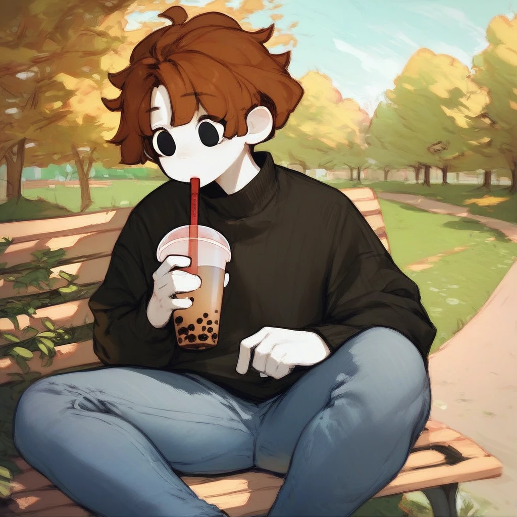 score_9_up, score_8_up, score_7_up, mikus-sona, white skin, black eyes, brown hair, black sweater, jeans, park, holding, bubble tea