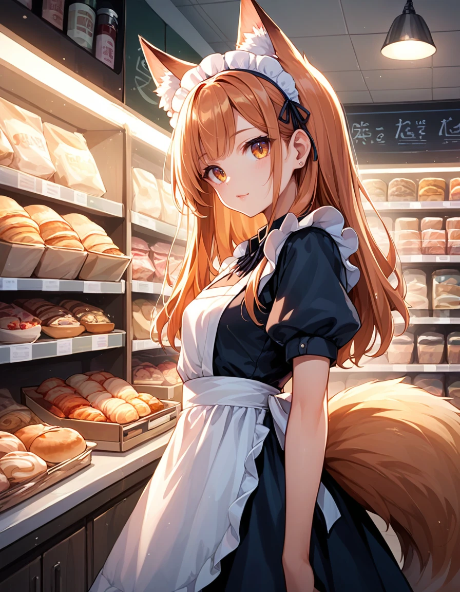 source_anime, score_9,score_8_up,score_7_up,score_6_up,score_5_up,score_4_up, newest, 1girl, cute, solo, symmetry, straight on, upper body, fox ears, fox tail, kyuubi, small breasts, animal ear fluff, (ear tufts:1.2), maid, pastry, shop, standing, old shop, old interior, cozy, comfy, soft lighting, warm lighting from side