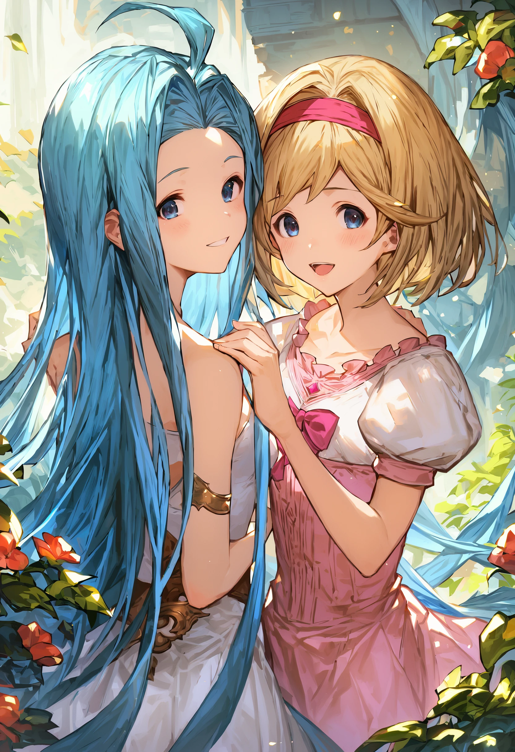 score_9, score_8_up, score_7_up, masterpiece, best quality, very aesthetic, absurdres,
2girls, yuri, happy, side-by-side, clear eyes,
lyria \(granblue fantasy\), very long hair, blue hair, medium breasts, skinny, body_slim, small breasts, white cami-dress, bare shoulders, strapless, 
djeeta \(granblue fantasy\), (short hair:1.1), blonde hair:1.1, pink blouse, hairband, short sleeves, 
 <lora:JitaRuri-PonyV6:1> jitaruri,