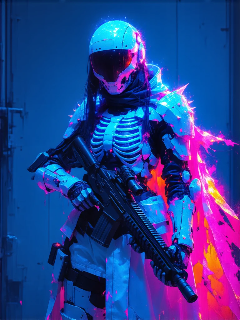 A striking image featuring a girl in death-themed powered armor, characterized by a faceless white visor and a ribcage-style cuirass. Spiked pauldrons add to her formidable presence as she holds a futuristic rifle with confidence. The scene is illuminated by dramatic blue and red contrast lighting, enhancing the intensity of the moment. The dynamic viewpoint and angle draw the viewer into the action, set against a backdrop of a cyberpunk industrial complex, filled with intricate details that enrich the atmosphere. (in Otomo Katsuhiro style:1.4), (elaborately detailed attire with extraordinary elements:1.1), (hyperdetailed:1.1), (intricate details:1.0), (Refined details:1.1), (best quality:1.1), (high resolution:1.2)