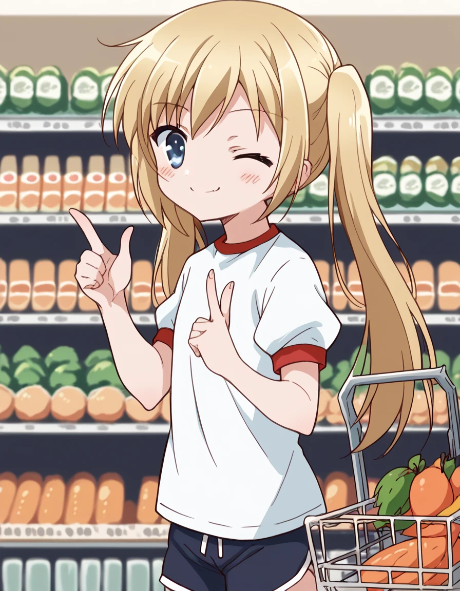 score_9, score_8_up, score_7_up, source_anime, <lora:maho-misawa-s1-ponyxl-lora-nochekaiser:1>, maho misawa, long hair, blue eyes, blonde hair, twintails,, gym uniform, shorts, black shorts, dolphin shorts, grocery store, shopping cart, picking fruits, everyday life, , , <lora:double-finger-gun-ponyxl-lora-nochekaiser:1>, double finger gun,, blush, smile, one eye closed, from side, looking at viewer, solo,, dutch angle, cowboy shot