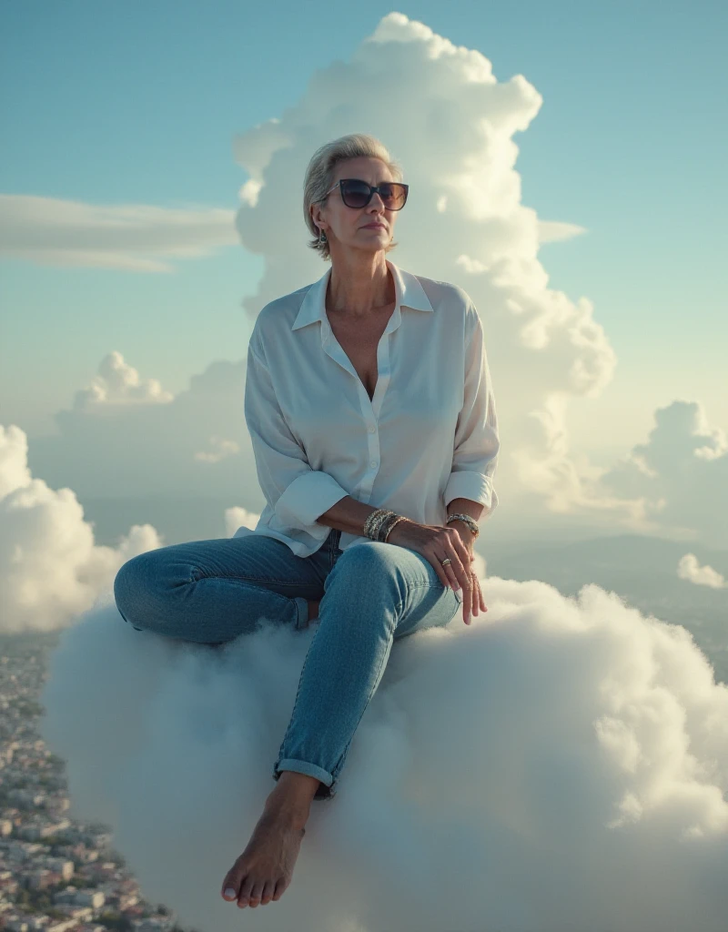 Hera is short grey hair woman wearing sunglasses and a white buttondown shirt and thight jeans and jewelry. she sits on a cloud and looks at a city under. She is a goddess figure<lora:Hera:0.9>