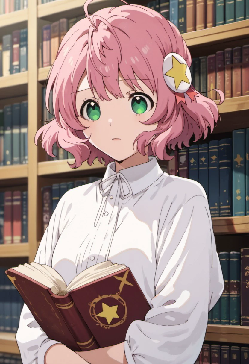 score_9, score_8_up, score_7_up, source_anime, alicia ehnleit, short hair, pink hair, green eyes, 1girl, hair ornament, solo, bookshelf, star hair ornament, book, star (symbol), white shirt, ahoge, shirt, anime coloring, library