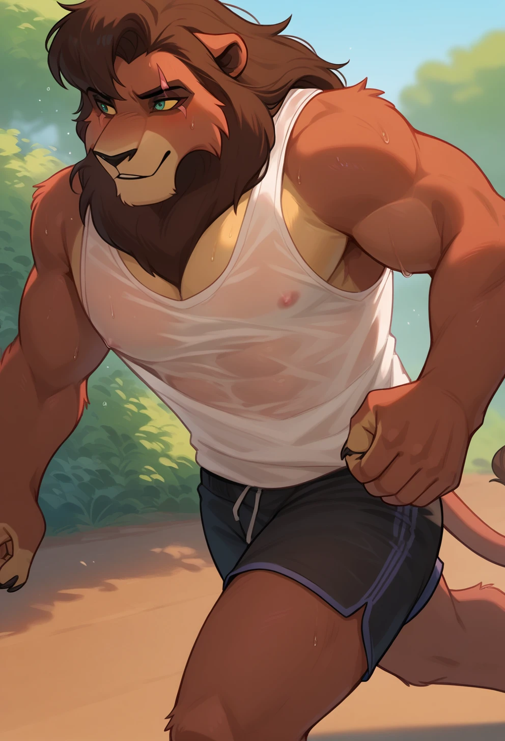 score_9, score_8_up, score_7_up,
((best quality)), absurdres,
<lora:KovuPXL:1> KovuPXL, eye scar, muscular figure, anthro, male, 1boy,
savannah, jogging, in motion,  tank top, short shorts, translucent topwear, sweat, outdoors, half body portrait,
<lora:Smooth Anime Style LoRA XL:0.7> Smooth, Anime, <lora:Expressive_H:1> Expressiveh,