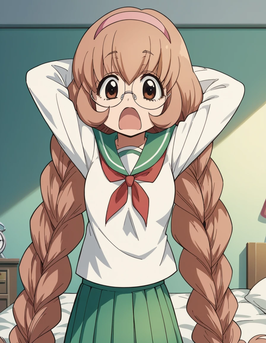 score_9, score_8_up, score_7_up, source_anime, <lora:mimi-usa-s1-ponyxl-lora-nochekaiser:1>, mimi usa, long hair, brown hair, brown eyes, very long hair, braid, hairband, glasses, twin braids,, school uniform, serafuku, long sleeves,, bedroom, alarm clock, morning routine, yawning, stretching, on bed,, , hands behind head,, looking at viewer, solo,, dutch angle, cowboy shot