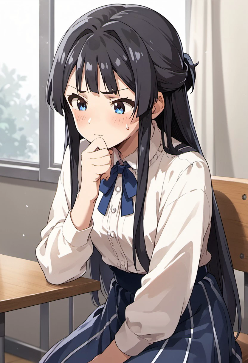 score_9, score_8_up, score_7_up, source_anime, mogami shizuka, long hair, blue eyes, black hair, 1girl, solo,  hand on own chin, blush, skirt, sweatdrop, thinking, half updo