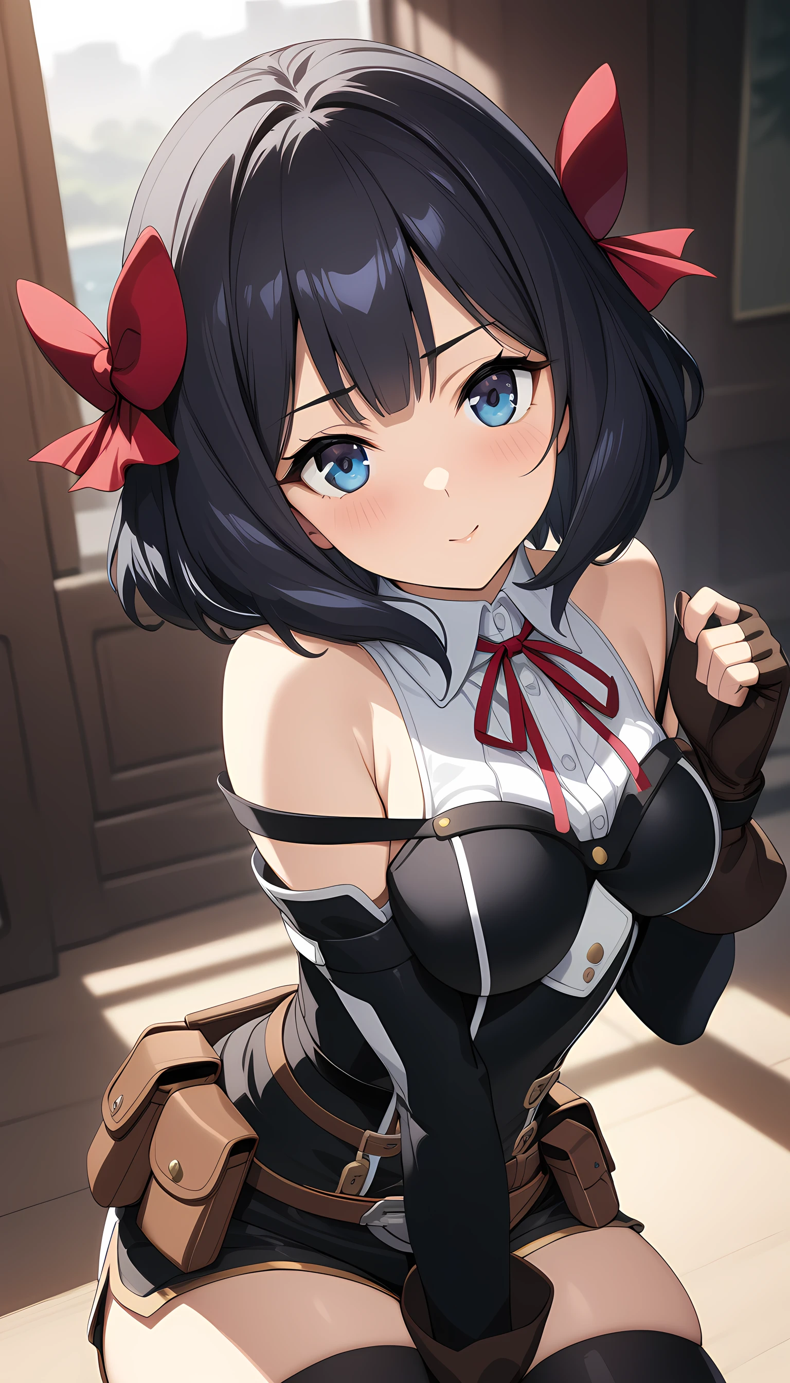 tino_shade, 1girl, short hair, black hair, red ribbon, blue eyes, medium breasts, white shirt, ribbon on neck, black vest, strapped vest, off shoulder, sleeves, brown gloves, fingerless gloves, wide hips, belt, pouch, black thigh high, black thigh boots, <lora:XL-TinoShade:1>, (masterpiece),(best quality),(ultra-detailed),(best illustration),(best shadow),(absurdres),(detailed background),(very aesthetic),