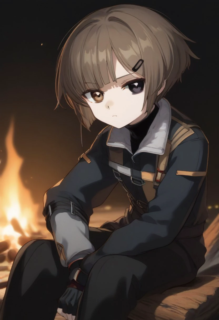 score_9, score_8_up, score_7_up, source_anime, BREAK sitting, campfire, expressionless, hairclip, short hair, brown hair, (heterochromia, white iris, black iris:1.2), jacket, bangs, jacket, fingerless gloves, looking at viewer, white pupil, black pupil