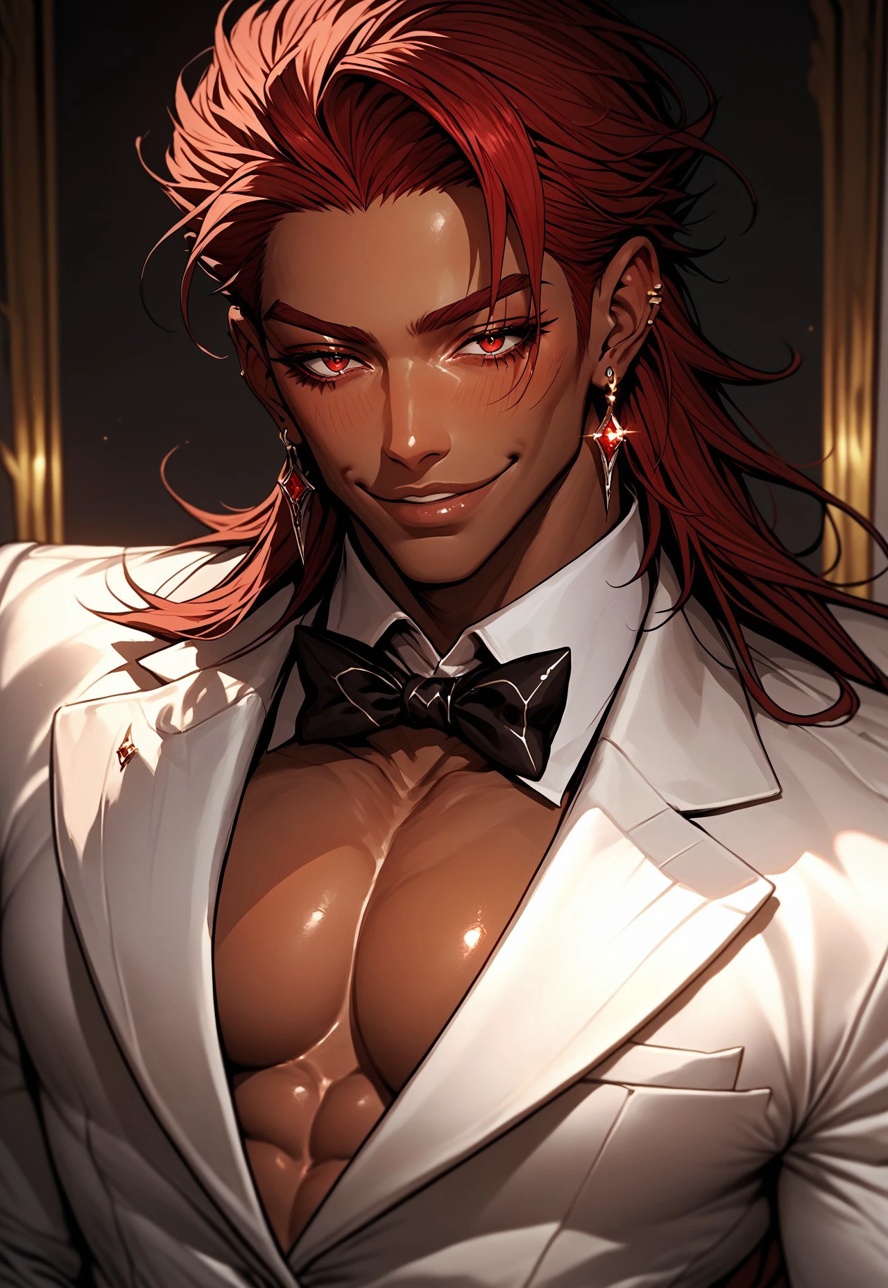 safe_pos, c4ndy, jewelry, red eyes, solo, white suit, earrings, red hair, dark skin, looking at viewer, pectorals, bow, formal, bowtie, 1boy, male focus, shirt, suit, long hair, white jacket, ear piercing, piercing, blush, smile, muscular, parted lips, collared shirt, upper body, dark-skinned male, jacket, pectoral cleavage, eyelashes, illustrative,score_9, score_8_up, score_7_up, score_6_up, score_5_up, score_5_up, score_4_up