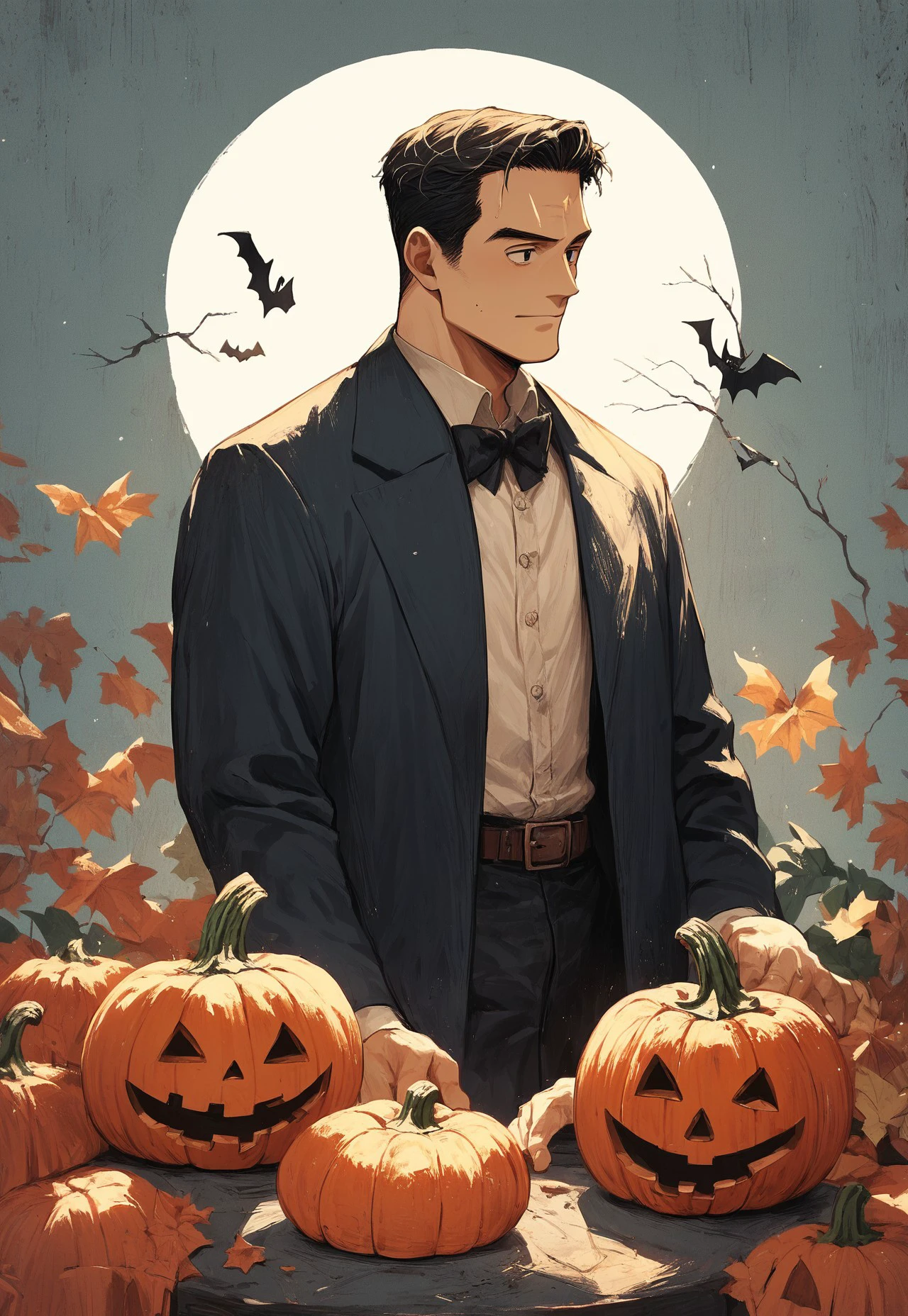 v1nt4g3 h3ll0w33n, A (vintage 1960s illustration:1.3) of a (man:1.2) joyfully holding a (pumpkin:1.4), capturing the essence of Halloween, with a whimsical and nostalgic style, inspired by the works of (Norman Rockwell:1.4) and (Joe Madureira:1.3), warm colors, playful atmosphere, detailed expressions, charming background elements, source_anime, score_9, score_8_up, score_7_up, score_6_up, score_5_up, score_5_up, score_4_up