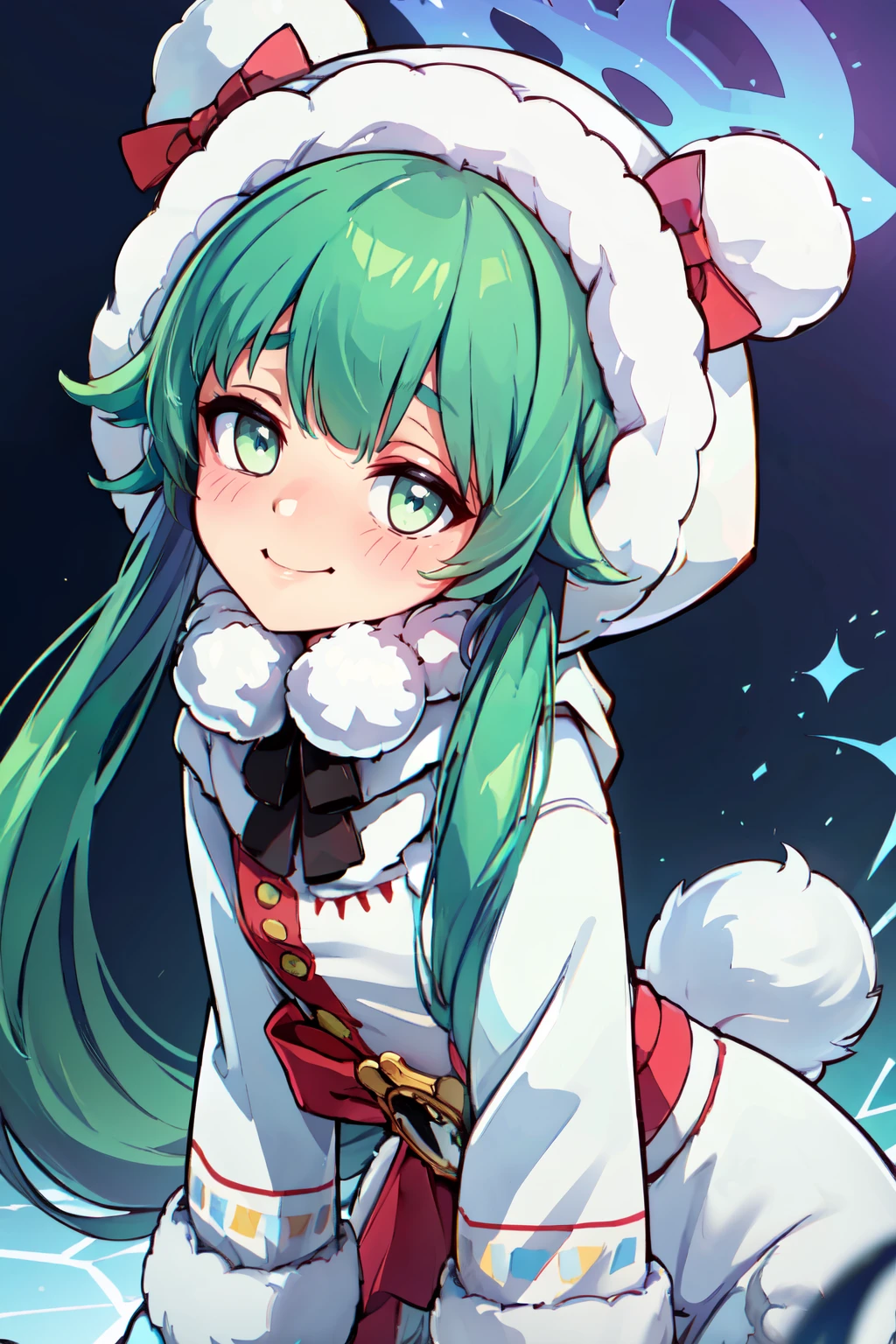 ((masterpiece,best quality)), absurdres,  BREAK, , <lora:Momiji_BlueArchive_Citron:0.8>,, zzMomiji, green hair, halo, long hair, green eyes, bow, blue halo, red bow, , white coat, animal hood, hood up, long sleeves, white gloves, fur-trimmed coat, hooded coat, fur-trimmed hood, winter clothes,  sidelocks, , twintails , BREAK, leaning forward, head tilt, blush, upper body,, BREAK, solo, smile, looking at viewer, cowboy shot,