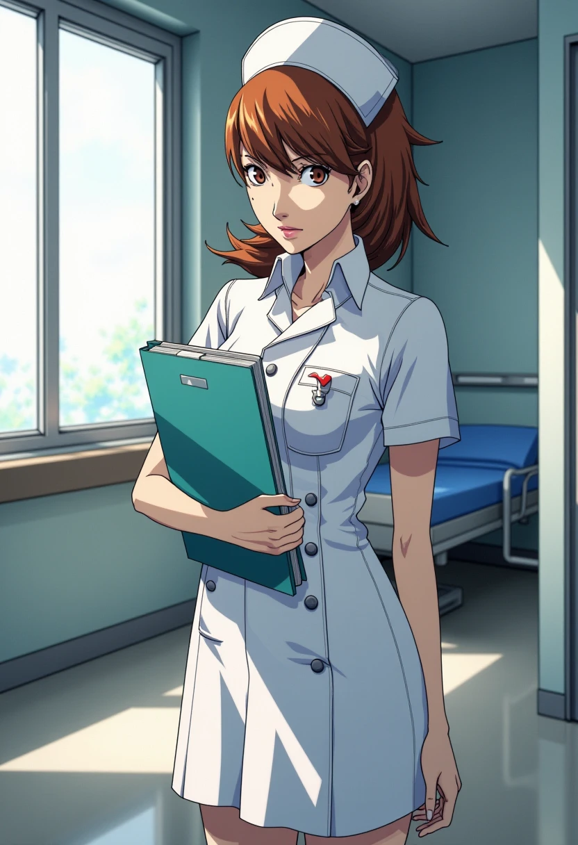 A detailed solo portrait of yukari takeba, 
Anime style, sharp, high contrast and highly detailed.,
<lora:persona_3_yukari_takeba_flux_v1_2-000005:0.85>,
 nurse is standing inside a ward. She is holding a folder. She wears a nurse uniform and nurse cap with matching colors. Full body, wide angle. 
 <lora:Nurse Anime V3_epoch_3:1>