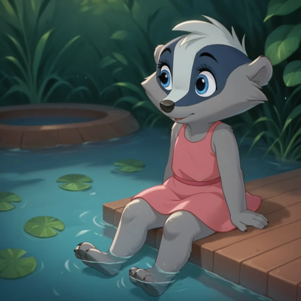 score_9, score_8_up, score_7_up, score_6_up, source_furry, Michellebadge, young anthro, female, badger, grey fur, blue eyes, sitting, on the edge of a pond, pink dress, feet in water, <lora:9a180fc2-1d58-4036-a7b8-661ffe35012c:0.7>