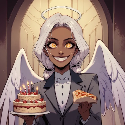 Digital ilustration featuring Gabriella the Goober angel holding a birthday cake in one hand and box of pizza in the other