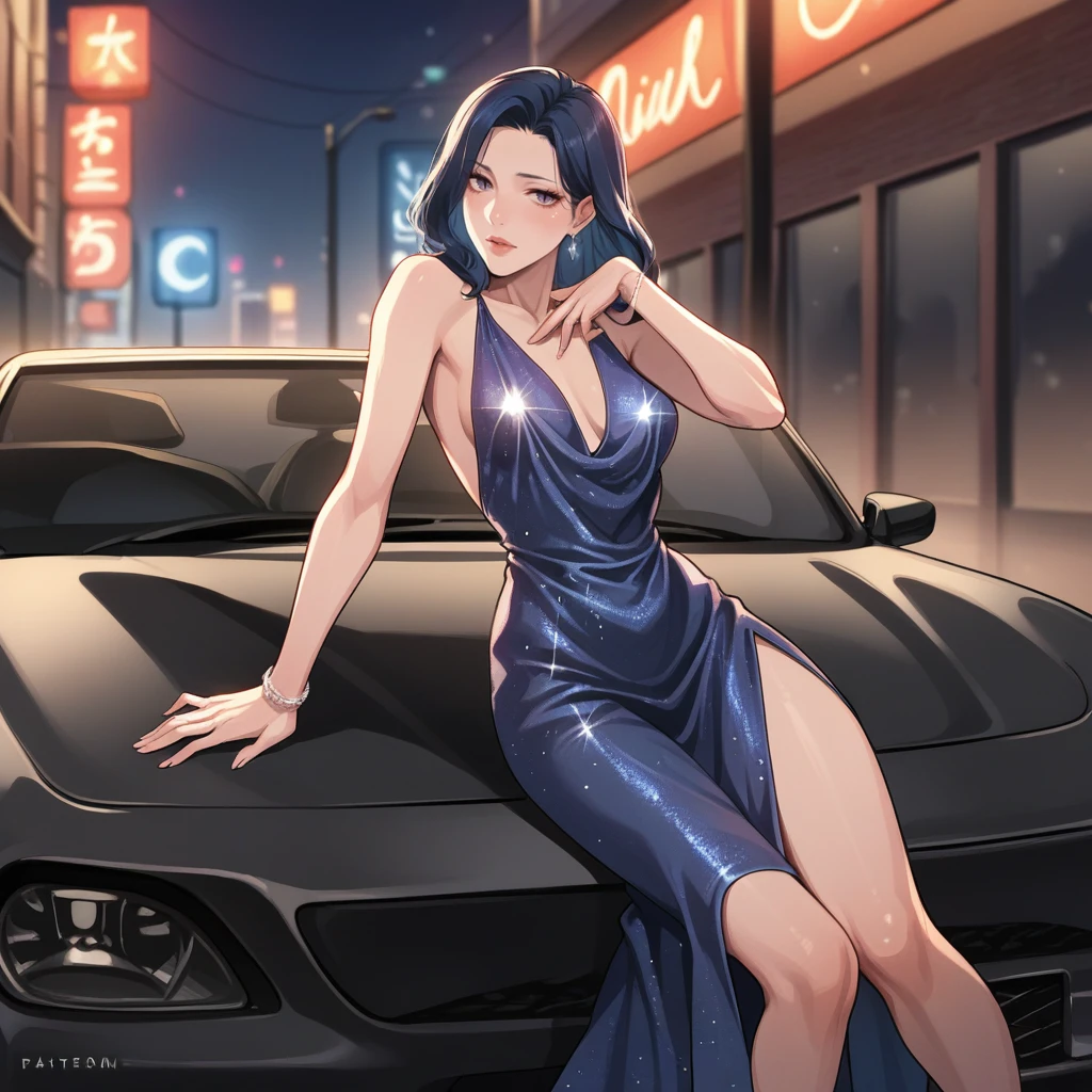 score_9, score_8_up, score_7_up, score_6_up, score_5_up, score_4_up, zPDXL2,source_anime,rating_questionable,1girl, solo, night time, urban, cocktail dress, long dress, sparkly dress, thigh slit, lounging, lying on back,  <lora:Sitting_On_Car:0.8> c4rs1t, motor vehicle, luxury car