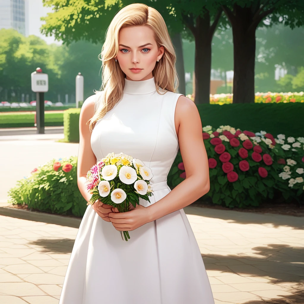 score_9, score_8_up, score_7_up, source_anime, professional photograph of Margot woman, wearing a white dress, sleeveless, long hair, standing in a park, trees, flowers in the background, godrays <lora:Margot Robbie 2013-2015 Pony:1>