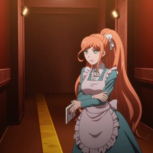 This is an anime screencap from Danganronpa 3. Chisa Yukizome is standing in a hallway at Hope's Peak with a concerned look on her face as she looks at a classroom sign which reads '1-B'. She has long orangish brown hair tied up in a ponytail and she's wearing a light blue suit and skirt, a white dress shirt, and a white ruffled apron. Chisa is holding a book in her arms which she's clutching to her chest. The background of the hallway is primarily dark red with a golden yellow strip in the hallway's floor. The hallway is lit by an unseen light source, casting the room in a warm light with a yellow tint.