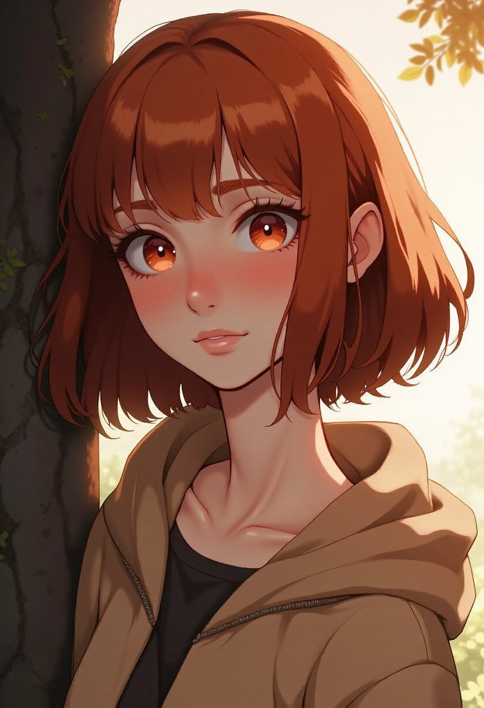 a kawaii redhead girl with freckles looking at the camera. cute face, She has big red almond eyes and is looking at the camera. in the background there is a tree