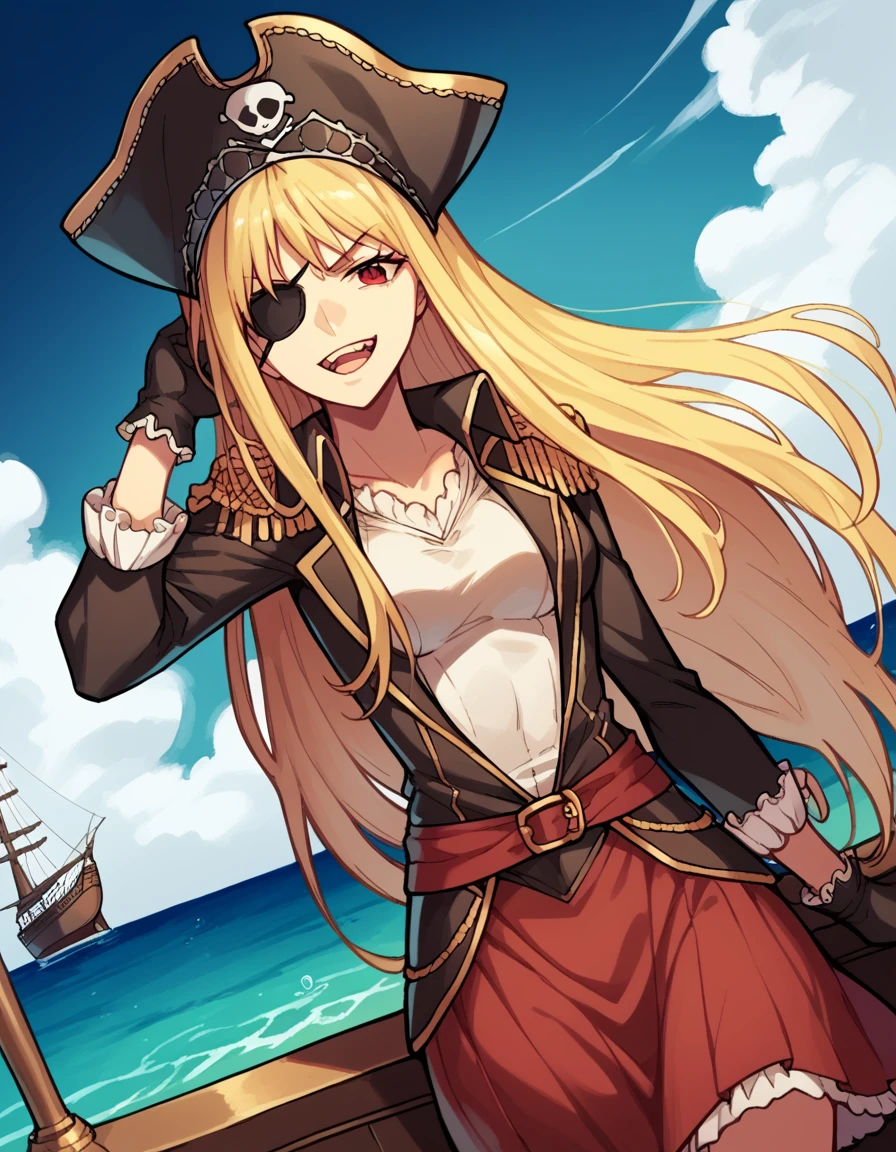 score_9, score_8_up, score_7_up, source_anime, <lora:kaibutsuoujo-liliane-s1-ponyxl-lora-nochekaiser:1>, liliane, long hair, blonde hair, red eyes, very long hair, tiara, medium breasts,, <lora:pirate-costume-ponyxl-lora-nochekaiser:1>, pirate costume, pirate hat, skirt, gloves, jacket, shirt, eyepatch,, blue sky, sea, ocean, pirate ship, treasure, gold, smug, open mouth, from below, sitting,, , dutch angle, cowboy shot