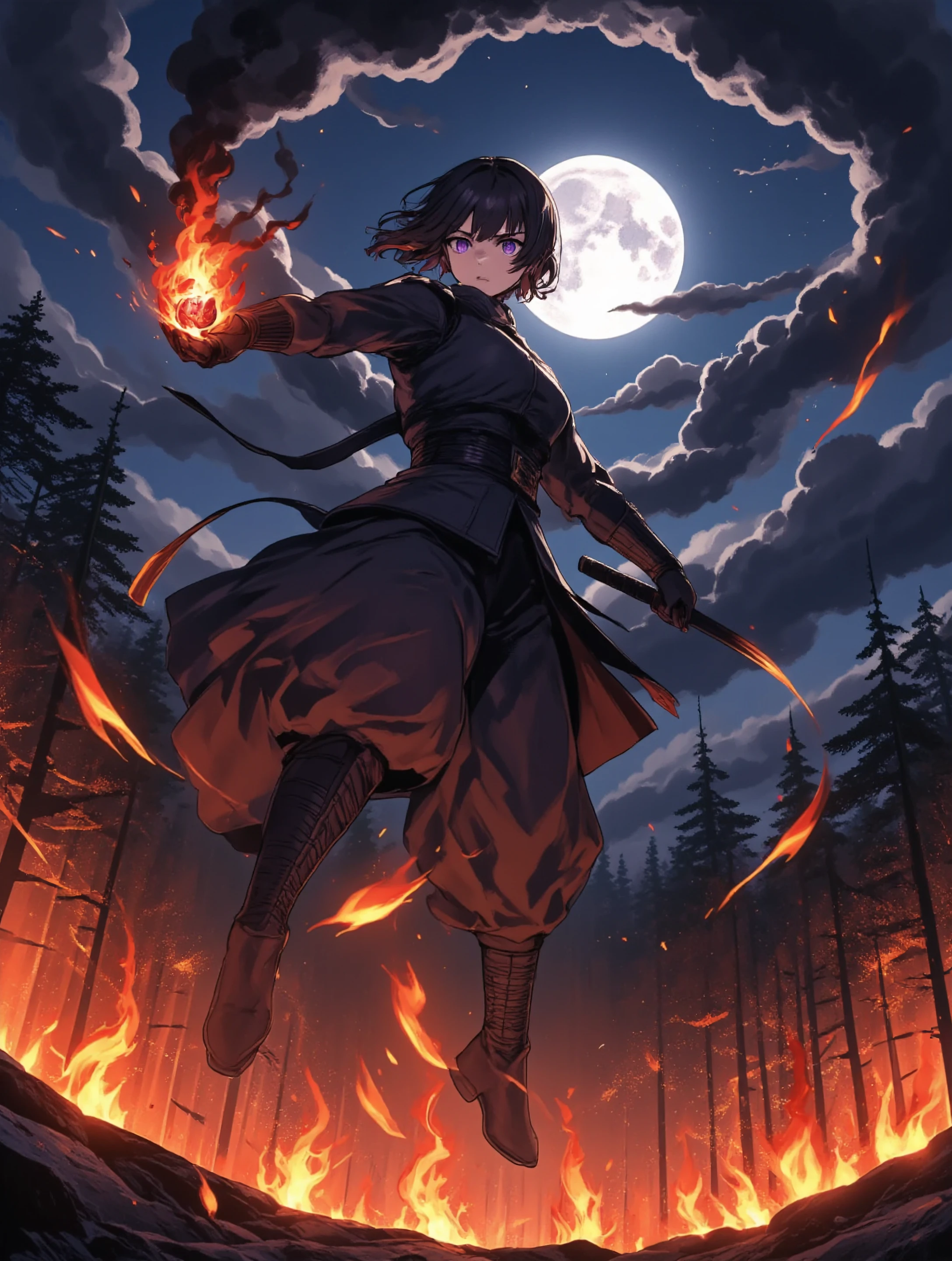 A datailed anime-style depiction of a fierce purple-eyed Ely Otta in a samurai outfit in mid-air, captured at the peak of her jump. She wears a sleek black mask, partially obscuring her intense expression. She carries fuming and smoking fireball in her hand. In the background, a forest ablaze casts glowing embers into the air, illuminated by the eerie glow of a full moon behind drifting clouds. A powerful gust of wind fans the flames, creating swirling patterns of fire and ash in the smoky night sky, adding dynamic motion to the scene.