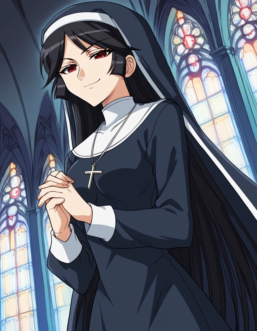 score_9, score_8_up, score_7_up, source_anime, <lora:reiri-kamura-s1-ponyxl-lora-nochekaiser:1>, reiri kamura, long hair, black hair, red eyes, hime cut, medium breasts,, <lora:traditional-nun-ponyxl-lora-nochekaiser:1>, traditional nun, nun, habit, long sleeves, dress, black dress, jewelry, black veil, cross, cross necklace,, church, smug, praying,, , dutch angle, cowboy shot