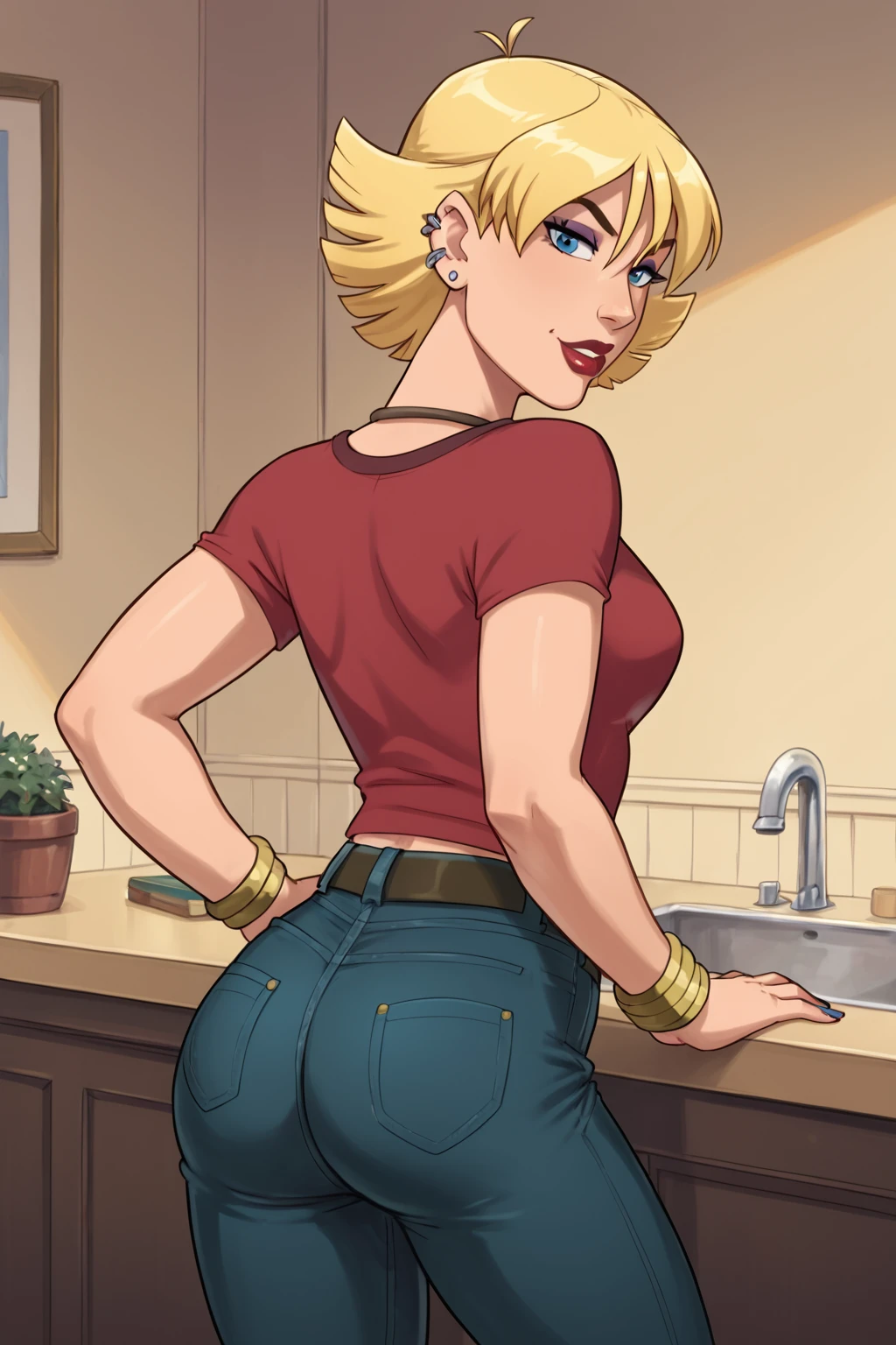 colorful full color, mother and son, (score_9, score_8_up, score_7_up), kitchen, sideview, standing in fornt of a table,  bending forward, arms on the table, belly on the table, (  38yo mom, blond gyaru, heavy makeup:1,5 blue eyeshadow:1.6, red lipstick:1.2, vulgar, lewd smile, tanned, leopard print bikini,  no panties, pussy:1.2, blonde pussy hair:1.5, ansu, large breasts, sagging breast:1,5, bracelet, earrings, lingerie,  leopard print stockings,   sweaty:1.4, sweatdrops:1.5, steam, steamy body:1.2, shiny skin) tall woman,: haight difference:1.7, older woman, age difference:1.8, (1boy,  short boy, young cock out,  ), (shota have sex with mom ) 