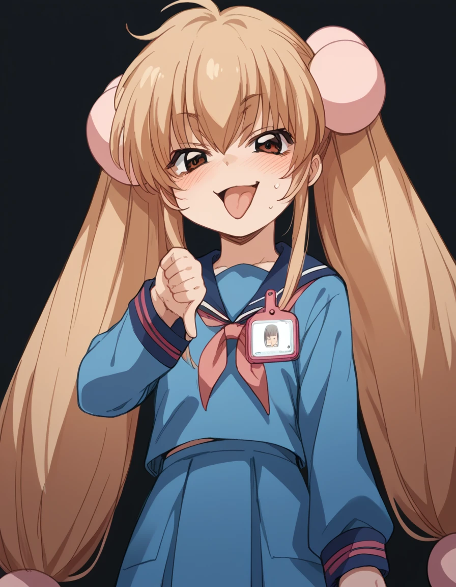 score_9, score_8_up, score_7_up, source_anime, <lora:rin-kokonoe-s1-ponyxl-lora-nochekaiser:1>, rin kokonoe, long hair, brown hair, hair ornament, twintails, brown eyes, very long hair, hair bobbles,, school uniform, serafuku, long sleeves,, bus stop, waiting, commuter, smartphone, checking time, cold morning, , <lora:thumbs-down-ponyxl-lora-nochekaiser:1>, thumbs down, blush, from below, smug, tongue, tongue out, open mouth, black background, looking at viewer, solo,, dutch angle, cowboy shot