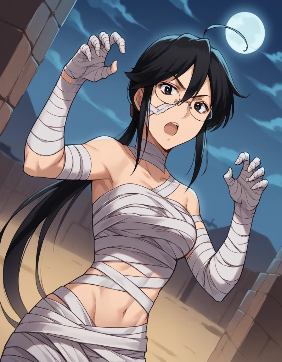 score_9, score_8_up, score_7_up, source_anime, <lora:sae-shirai-s1-ponyxl-lora-nochekaiser:1>, sae shirai, long hair, black hair, ponytail, ahoge, glasses, black eyes, hair between eyes, sidelocks, medium breasts,, <lora:mummy-costume-ponyxl-lora-nochekaiser:1>, mummy costume, bandages, halloween costume, bandaged arm, zombie pose, bandage on face,, desert, moon, night, open mouth, , dutch angle, cowboy shot