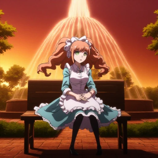 <lora:FLUX_Black_Magic_XL_Style_V2.0-000005:0.7> bmstyle, anime. , This is an anime screencap from Danganronpa The Animation.  <lora:Chisa_Yukizome_Flux:1>,  This is an anime screencap from Danganronpa 3. Chisa Yukizome wearing her uniform from Danganronpa 3 despair arc. Chisa Yukizome has green eyes and long orangish brown hair in a ponytail with a pale pink scrunchie. Her hair flows around her back and reaches her waist. Chisa wears a light blue suit that covers her white dress shirt. On top of that is a white ruffled pinafore apron whose white straps are over her shoulders but which leaves space between her neck and breasts to show the blue of her suit and white of her shirt. Otherwise the apron covers Chisa from chest to below her hips. She also wears long black pantyhose and black mid-heel shoes.  The person is sitting on a bench in a park. The bench is cast in a golden light from the sunset. The bench is in front of a large fountain that is spraying water up into the air. The fountain is surrounded by a circular stone structure and the ground is made of a pattern of stone bricks. The sky is a deep orange-red color from the sunset.