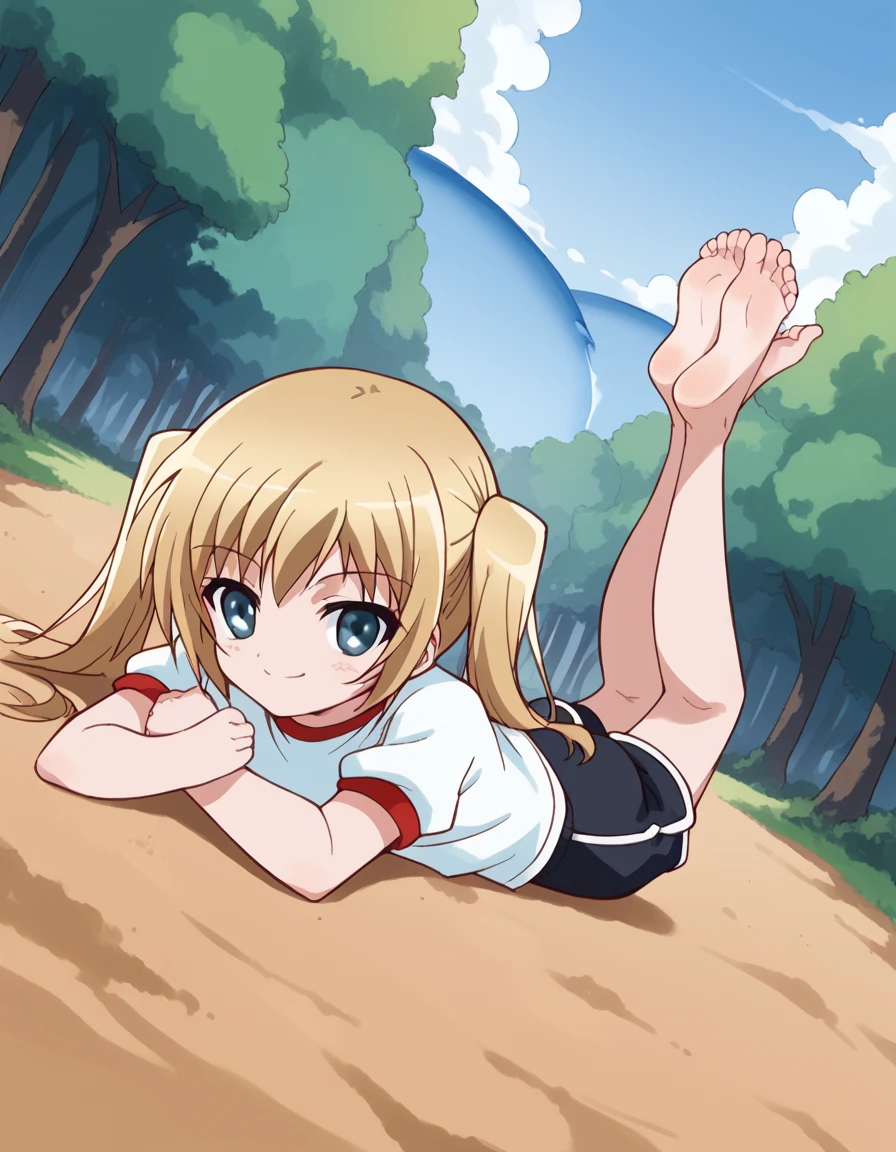 score_9, score_8_up, score_7_up, source_anime, <lora:maho-misawa-s1-ponyxl-lora-nochekaiser:1>, maho misawa, long hair, blue eyes, blonde hair, twintails,, gym uniform, shorts, black shorts, dolphin shorts, bike ride, countryside, dirt road, trees, afternoon sun, peaceful, alone, smile, <lora:the-pose-ponyxl-lora-nochekaiser:1>, the pose, on stomach, feet up, lying, soles, feet, legs up, head rest, barefoot, looking at viewer, solo,, dutch angle, cowboy shot