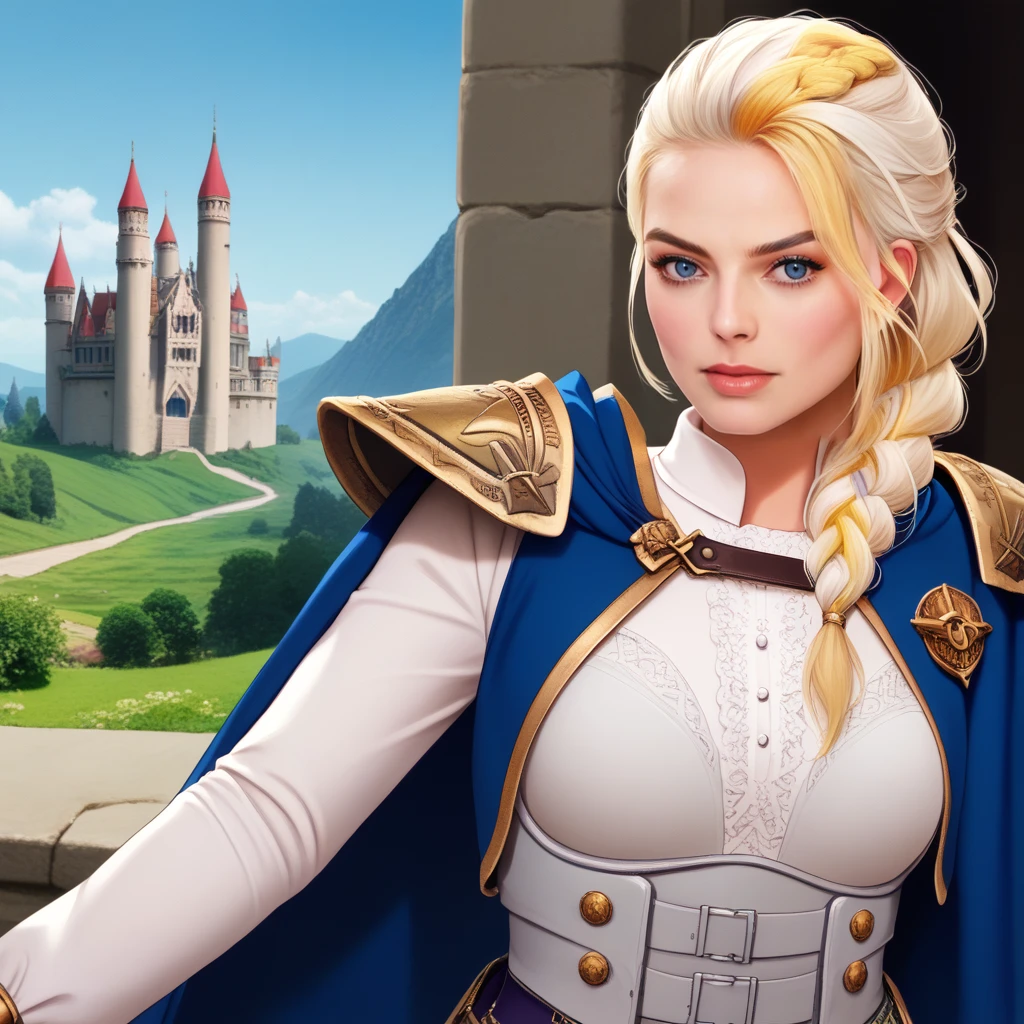 score_9, score_8_up, score_7_up, source_anime, professional photograph of Margot woman, wearing armor, blue shoulder armor, blue cloak, slender, long hair, on a tall mountain, castle in the background, beautiful fantastic medieval genre background, godrays <lora:Margot Robbie 2013-2015 Pony:1> <lora:xl_more_art-full_v1add-detail:0.2> <lora:RMSDXL_EnhanceDetails:0.2> <lora:ral-fntsyrlms-sdxl:0.25> ral-fntsyrlms   <lora:jainaproudmoore-wc-richy-v1_pdxl:0.8> jainapost, white hair, yellow hair, multicolored hair, single braid