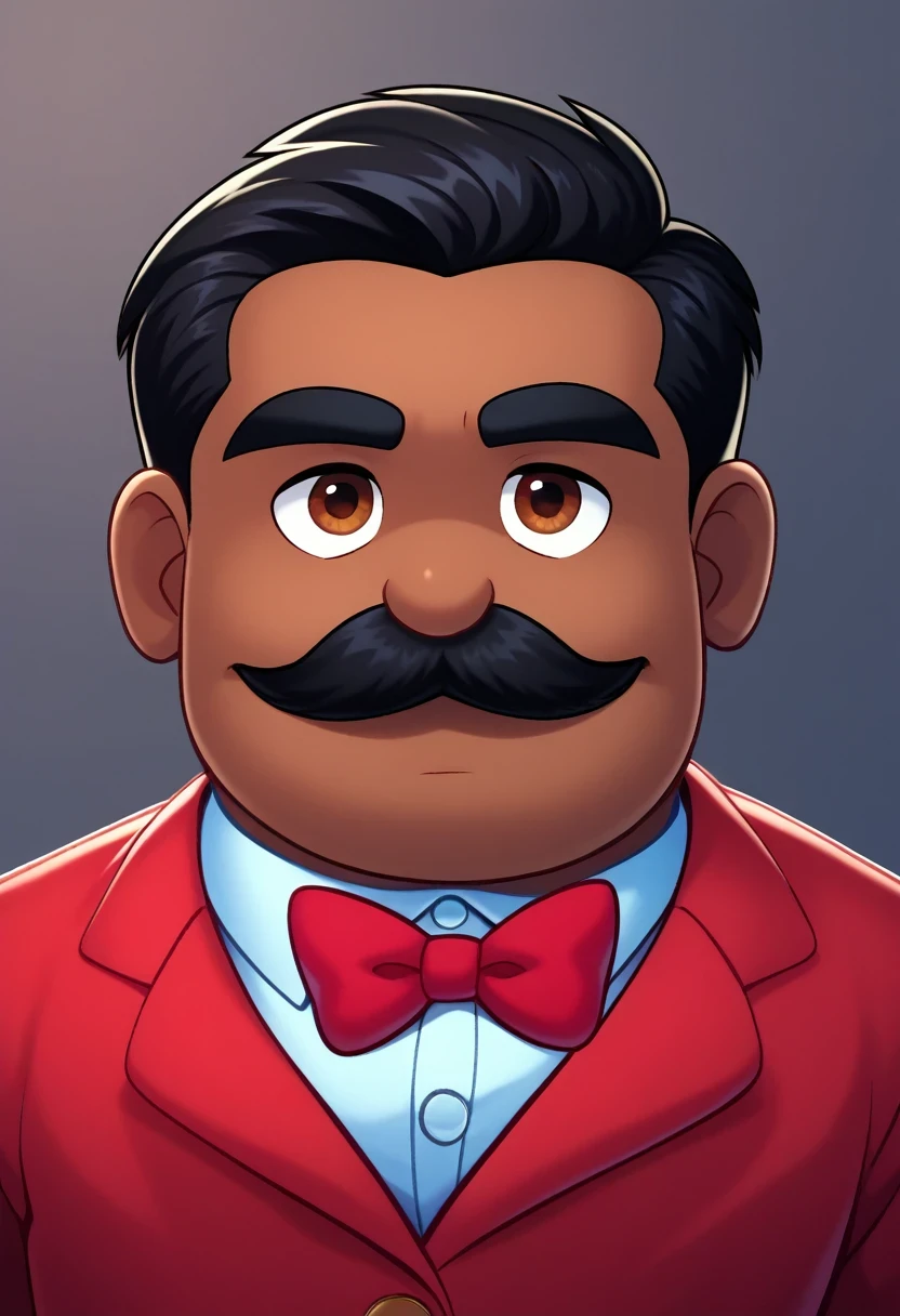 Bitterman_Carlito, solo, short hair, black hair, 1boy, bow, brown eyes, jacket, upper body, male focus,bowtie, red bow, facial hair, thick eyebrows, semi dark-skinned male, formal, suit, red bowtie, mustache, red suit, semi dark skin