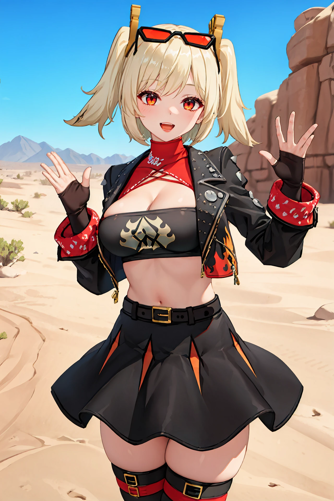 1girl, burnice white, twintails, black skirt, hair ornament, sunglasses on head, latex thighhighs, smile, cropped jacket, fingerless gloves, sleeveless turtleneck, tube top, looking at viewer, smiling, open mouth, desert, outdoors, depth of field, standing on one leg, waving, cowboy shot