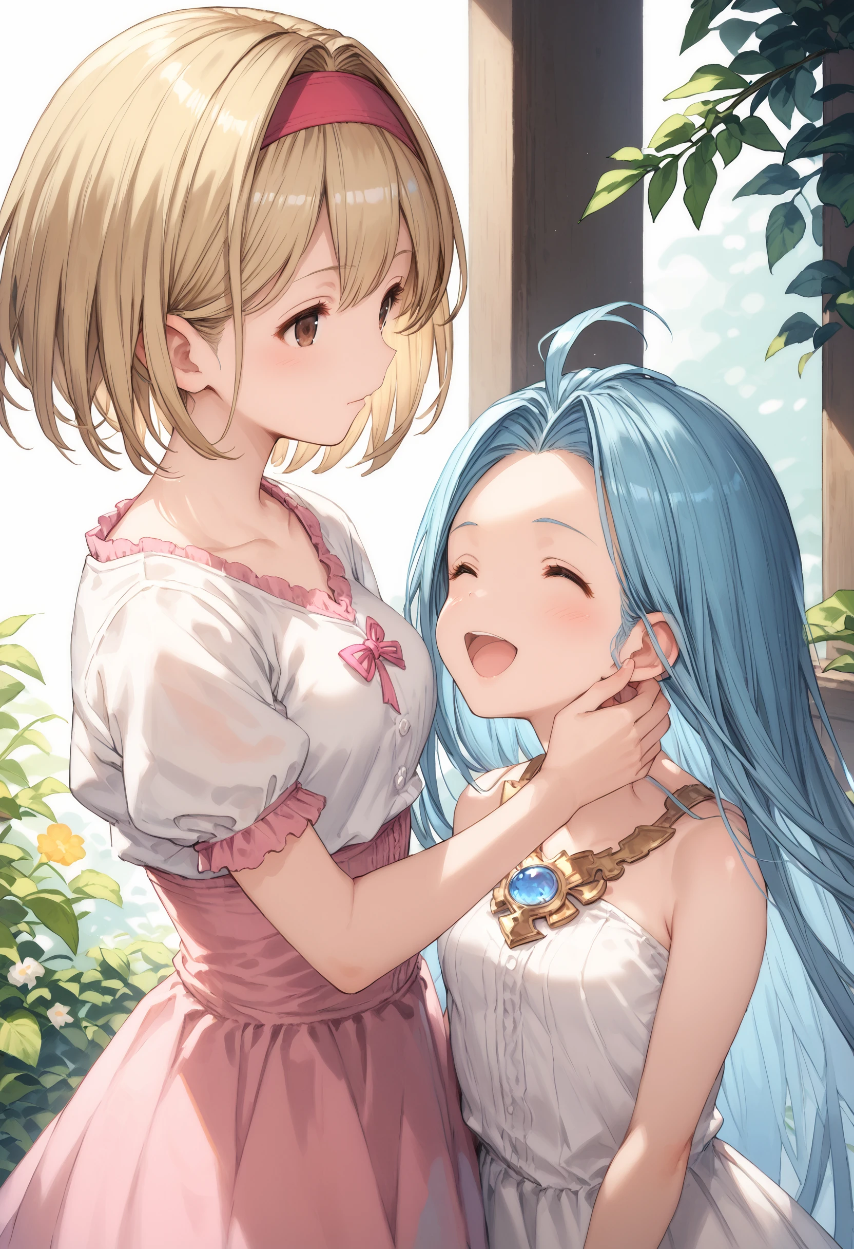 score_9, score_8_up, score_7_up, masterpiece, best quality, very aesthetic, absurdres,
2girls, yuri, happy, side-by-side, clear eyes,
lyria \(granblue fantasy\), very long hair, blue hair, medium breasts, skinny, body_slim, small breasts, white cami-dress, bare shoulders, strapless, 
djeeta \(granblue fantasy\), (short hair:1.1), blonde hair:1.1, pink blouse, hairband, short sleeves, 
 <lora:JitaRuri-PonyV6:1> jitaruri,