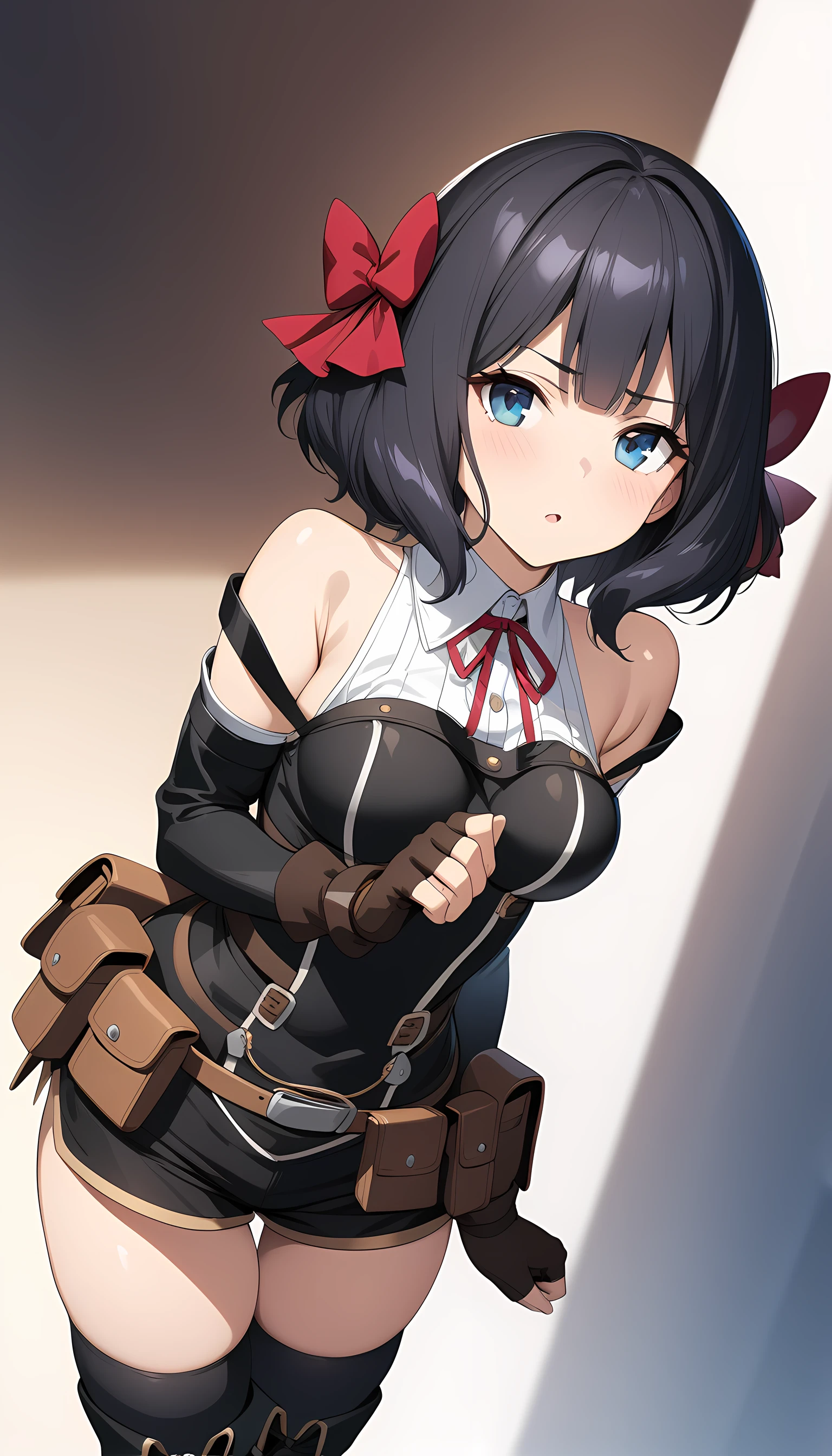 tino_shade, 1girl, short hair, black hair, red ribbon, blue eyes, medium breasts, white shirt, ribbon on neck, black vest, strapped vest, off shoulder, sleeves, brown gloves, fingerless gloves, wide hips, belt, pouch, black thigh high, black thigh boots, <lora:XL-TinoShade:1>, (masterpiece),(best quality),(ultra-detailed),(best illustration),(best shadow),(absurdres),(detailed background),(very aesthetic),