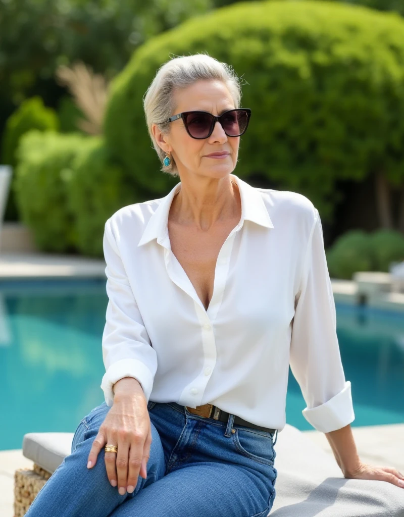 Hera is short grey hair woman wearing sunglasses and a white buttondown shirt and thight jeans and jewelry. she sits in a luxerious  garden next to a pool<lora:Hera:0.9>