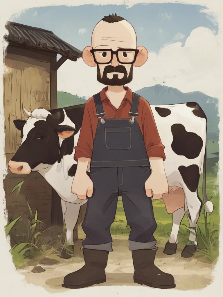 ,chouxian,solo,glasses,1boy,male focus,facial hair,standing,full body,beard,no lineart,black-framed eyewear,looking at viewer,boots,bald,mustache,jingguan,overalls,outdoors,cow,<lora:abstract-wwm:0.8>