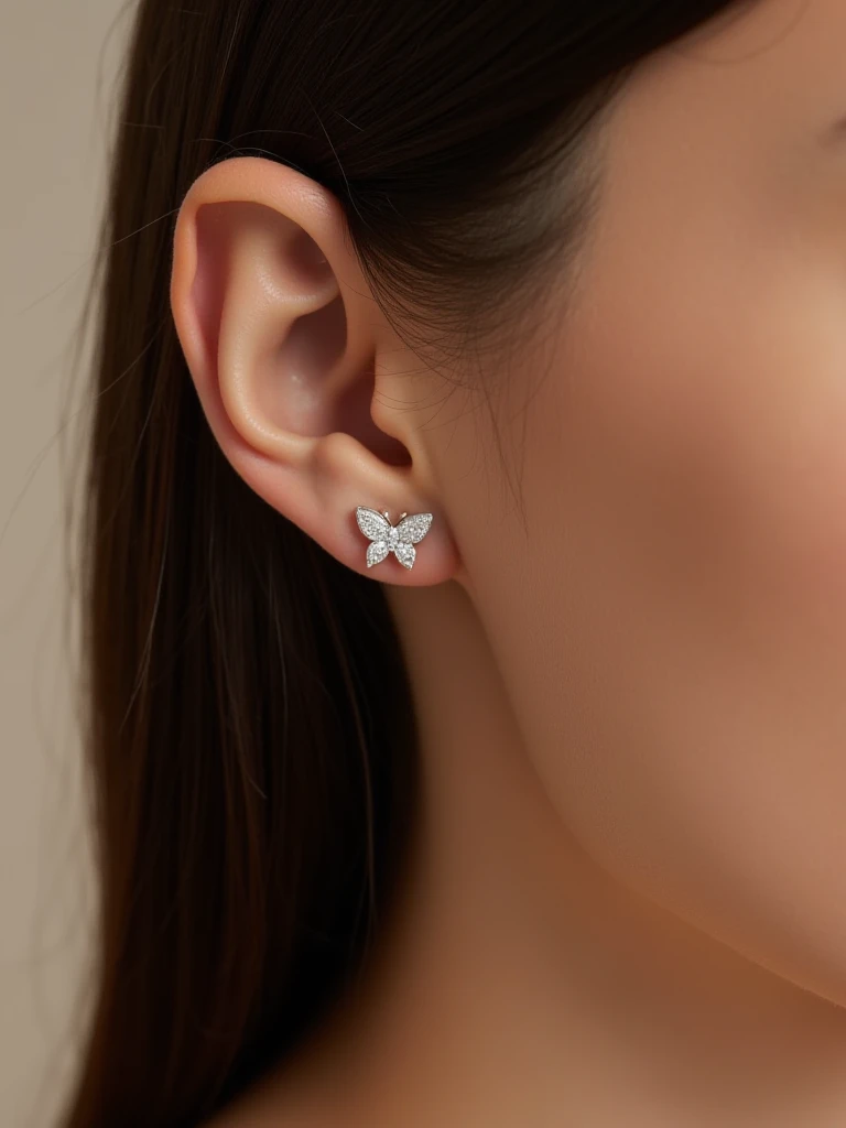 butterfly diamond earring on ear,