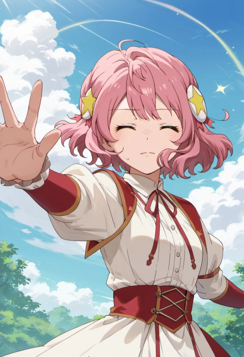 score_9, score_8_up, score_7_up, source_anime,alicia ehnleit, short hair, pink hair, green eyes, 1girl, closed eyes, hair ornament, solo, star hair ornament, star (symbol), facing viewer, day, outstretched arms, red ribbon, sky, outdoors