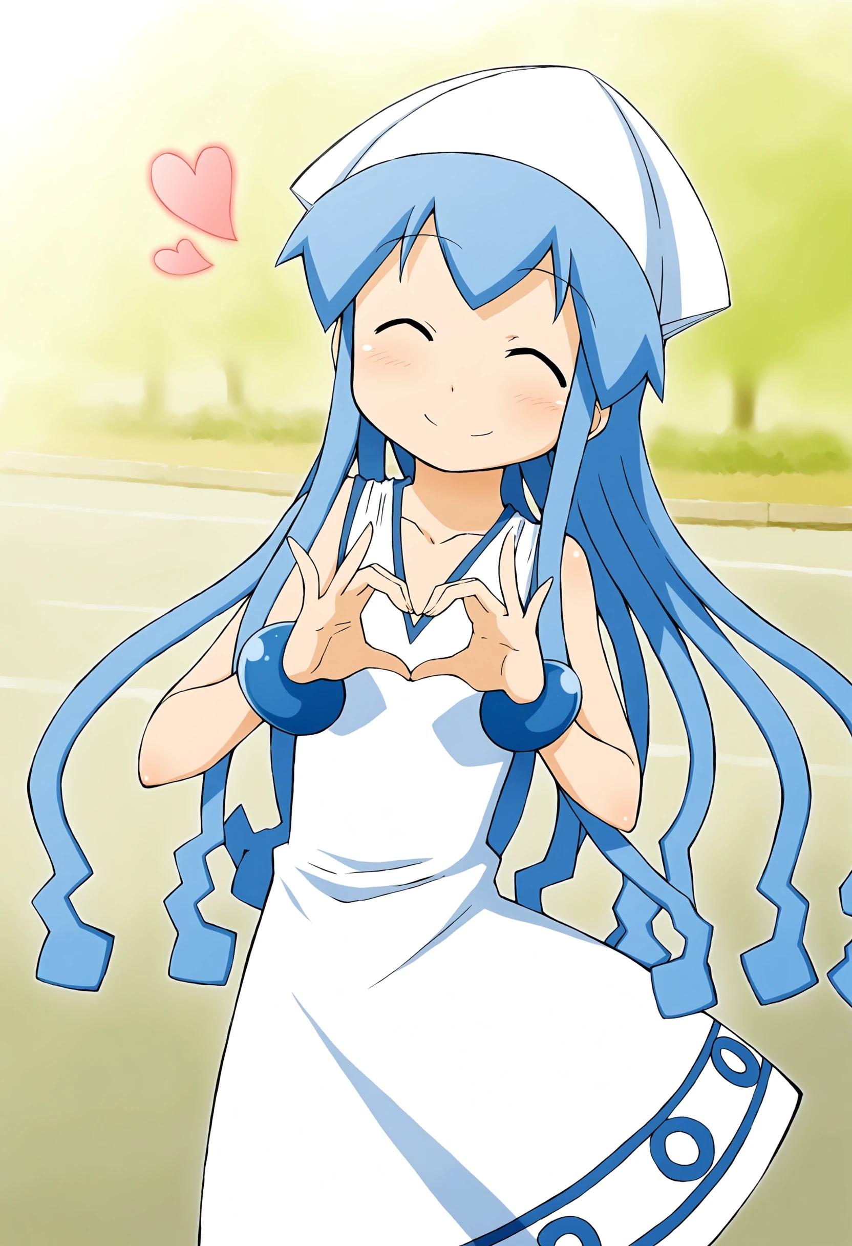 1girl, ika, solo, tentacle hair, one eye closed, dress, open mouth, long hair, heart, blue eyes, white background, hat, smile, blue hair, looking at viewer, white dress, simple background, sleeveless, ;d, blush, heart hands, sleeveless dress, collarbone, medium quality, late, <lora:char - ikamusume - v2 - bionagato:1>