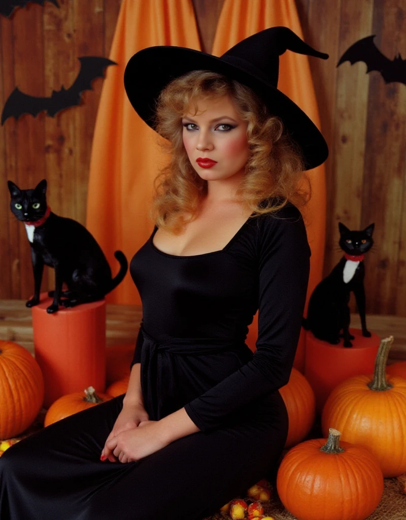 Traci Lords wears a turtlencek witch dress and a witch hat ins a halloween scenery with carved pumpkins, black cats, candies and fake bats<lora:Traci_Lords:0.9>