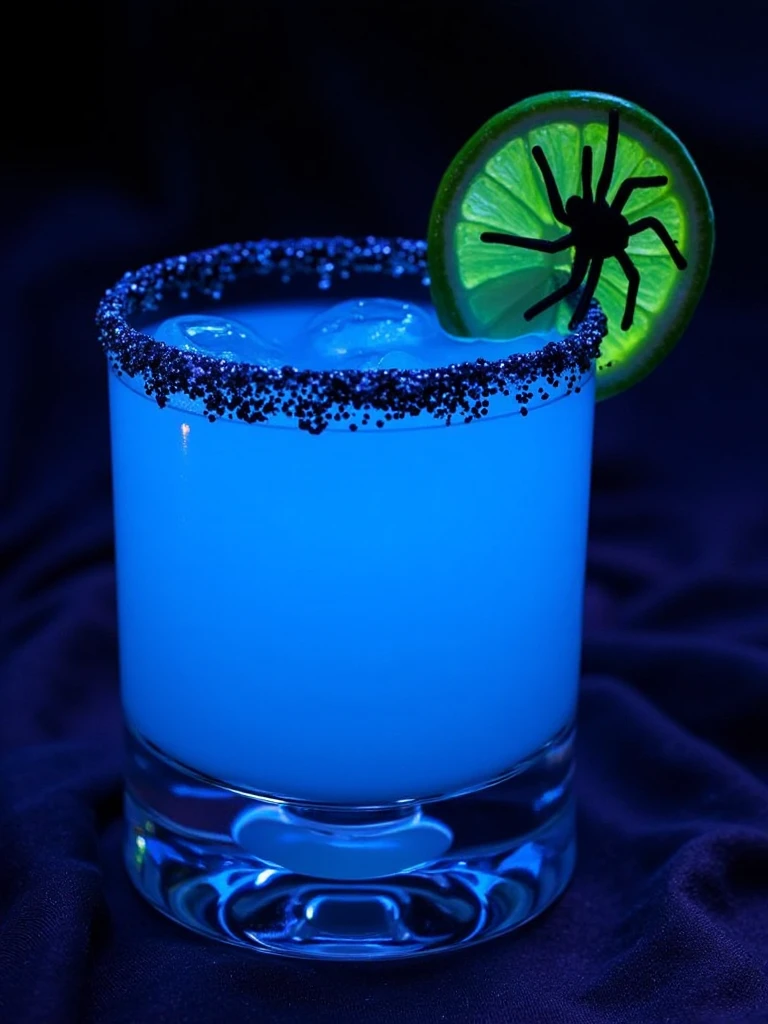 hld drink decoration style of 
"Spider Venom Margarita" - Electric blue margarita with black salt rim. Garnished with plastic spider and web-patterned lime wheel. Glows under blacklight.
























