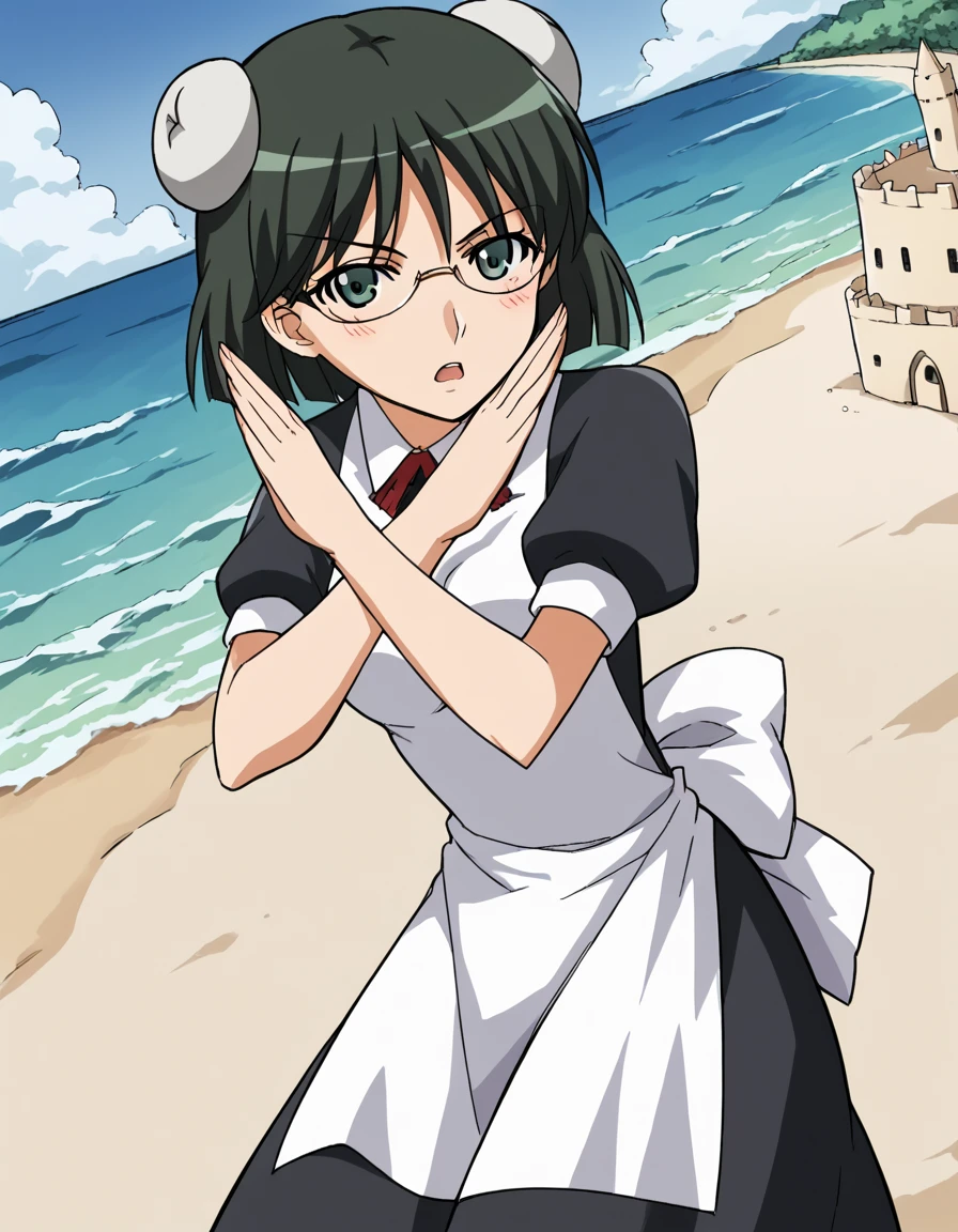 score_9, score_8_up, score_7_up, source_anime, <lora:kaibutsuoujo-francisca-s1-ponyxl-lora-nochekaiser:1>, francisca, short hair, black hair, green eyes, green hair, glasses, bun cover, medium breasts,, apron, maid,, beach, sand castle, swimsuit, summer vacation, ocean wave, hands behind head,, , <lora:x-arms-ponyxl-lora-nochekaiser:1>, x arms, blush, open mouth, leaning forward,, looking at viewer, solo,, dutch angle, cowboy shot