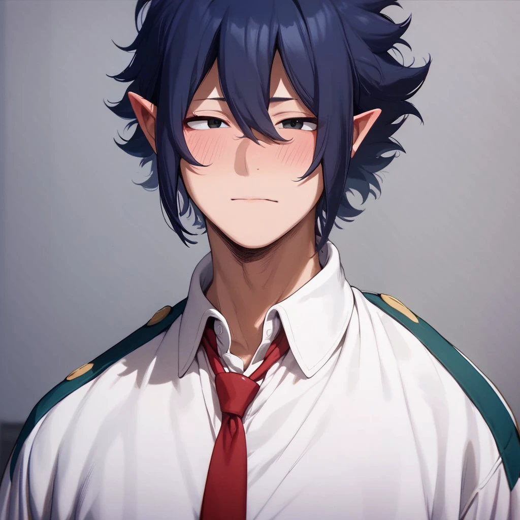 (masterpiece), score_9, score_8_up, score_7_up, score_6_up, score_5_up, score_4_up, 1boy, solo, Tamaki Amajiki, dark blue hair, hair between eyes, black eyes, pointy ears, school uniform, U.A. School Uniform, red necktie, soft blush, looking at viewer