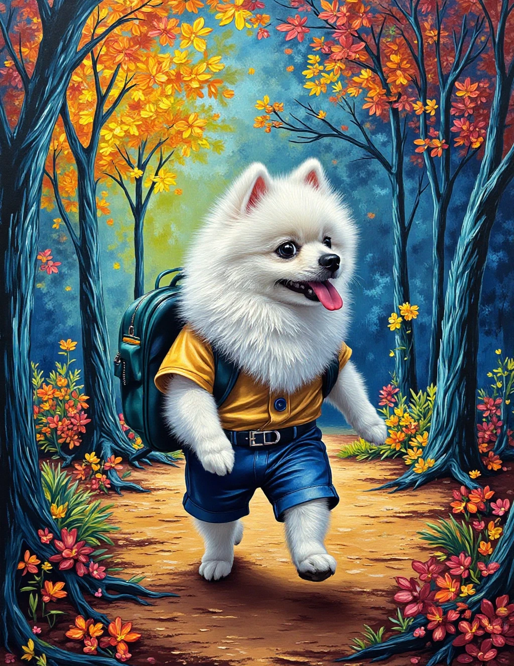 A Van Gogh-inspired painting of a snow-white Pomeranian in school clothes with a backpack, wandering through a vibrant, swirling forest.
Van Gogh style, impressionistic, colorful, whimsical, pet portrait, dynamic brushstrokes, enchanting forest, playful, artistic interpretation, dreamlike atmosphere