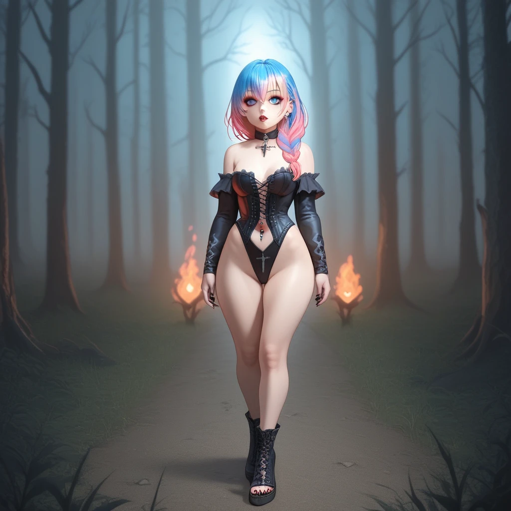 braid, multicolored hair, highleg leotard, goth, leotard, cross-laced footwear, blue eyes, night, jewelry, lycanthrope, corset, toenails, solo, choker, slit pupils, parted lips, forest, red lips, bangs, hair between eyes, blurry background, brooch, heart, multiple girls, navel piercing, mole under eye, fire, bare shoulders