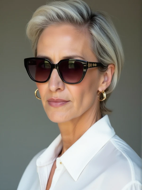 Hera is short grey hair woman wearing sunglasses and a white buttondown shirt. closeup face portrait<lora:Hera:0.9>