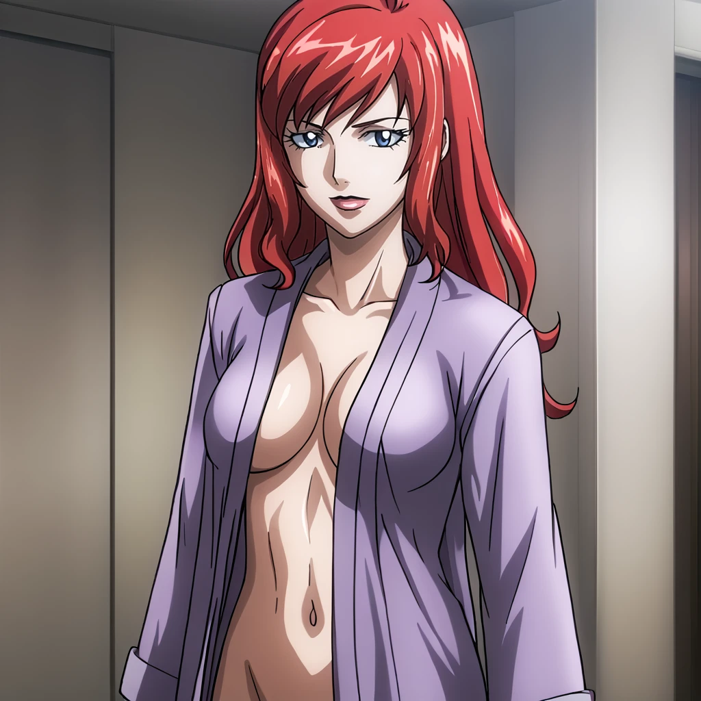 <lora:blackwidowanime_pony_v1:.8>  BlackWidowAnime, 1girl, solo, red hair, long hair, medium breasts,, lipstick,eyeshadow, cowboy shot  <lora:naked-robe-ponyxl-lora-nochekaiser:1>  naked robe, open robe, robe, bathrobe, cleavage, midriff, navel,