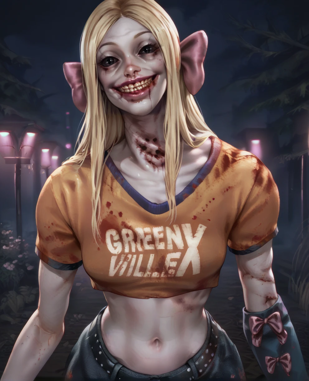 score_9,score_8_up,unknownpepxl,blonde hair,black eyes,black sclera,long hair,hair bow,orange shirt,midriff,navel,
looking at viewer,lipstick,teeth,smile,head tilt,solo,neon,night,standing,solo,horror \(theme\),
<lora:unknownPepXL-120-4rd:0.9>,